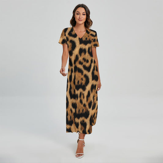 Jaguar Fur Pattern Print Short Sleeve Maxi Dress