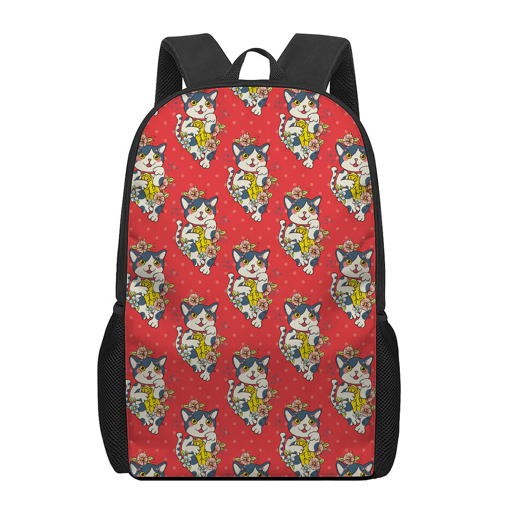 Japanese Cat Maneki Neko Pattern Print 17 Inch Backpack