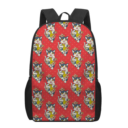 Japanese Cat Maneki Neko Pattern Print 17 Inch Backpack