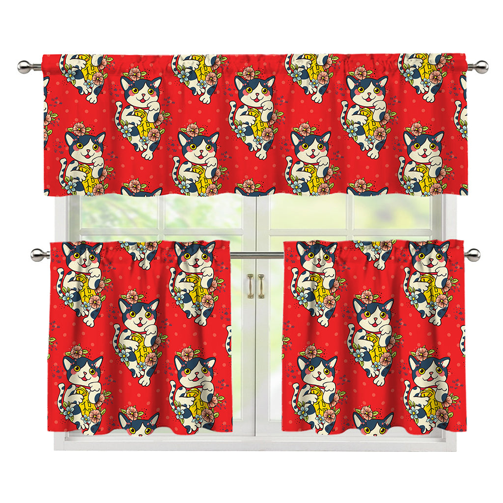 Japanese Cat Maneki Neko Pattern Print 3 Piece Kitchen Curtains