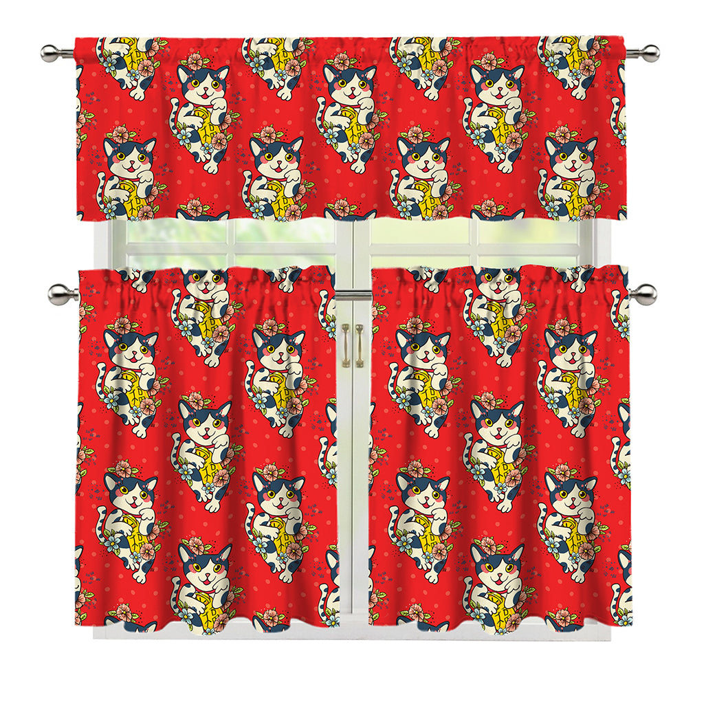 Japanese Cat Maneki Neko Pattern Print 3 Piece Kitchen Curtains
