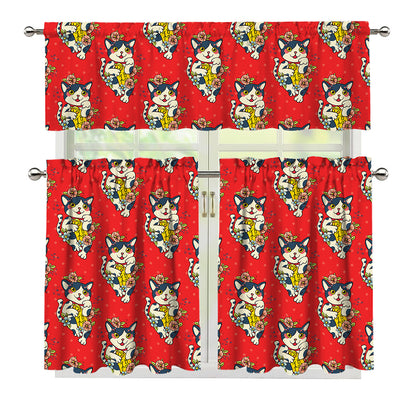 Japanese Cat Maneki Neko Pattern Print 3 Piece Kitchen Curtains