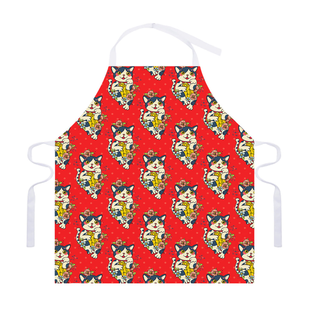 Japanese Cat Maneki Neko Pattern Print Adjustable Apron