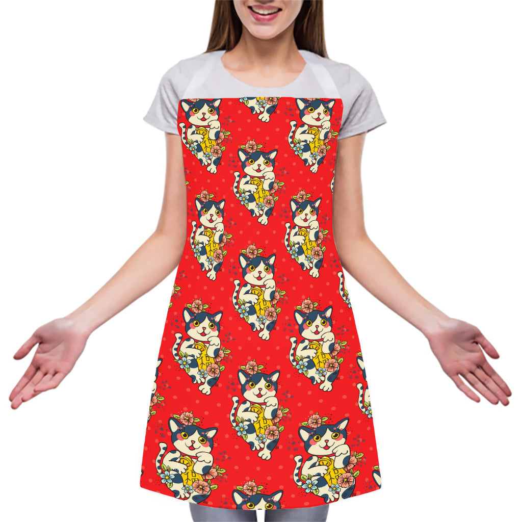 Japanese Cat Maneki Neko Pattern Print Adjustable Apron
