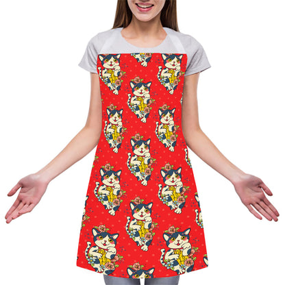 Japanese Cat Maneki Neko Pattern Print Adjustable Apron