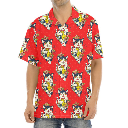 Japanese Cat Maneki Neko Pattern Print Aloha Shirt