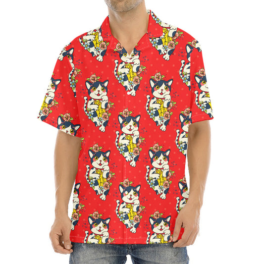 Japanese Cat Maneki Neko Pattern Print Aloha Shirt