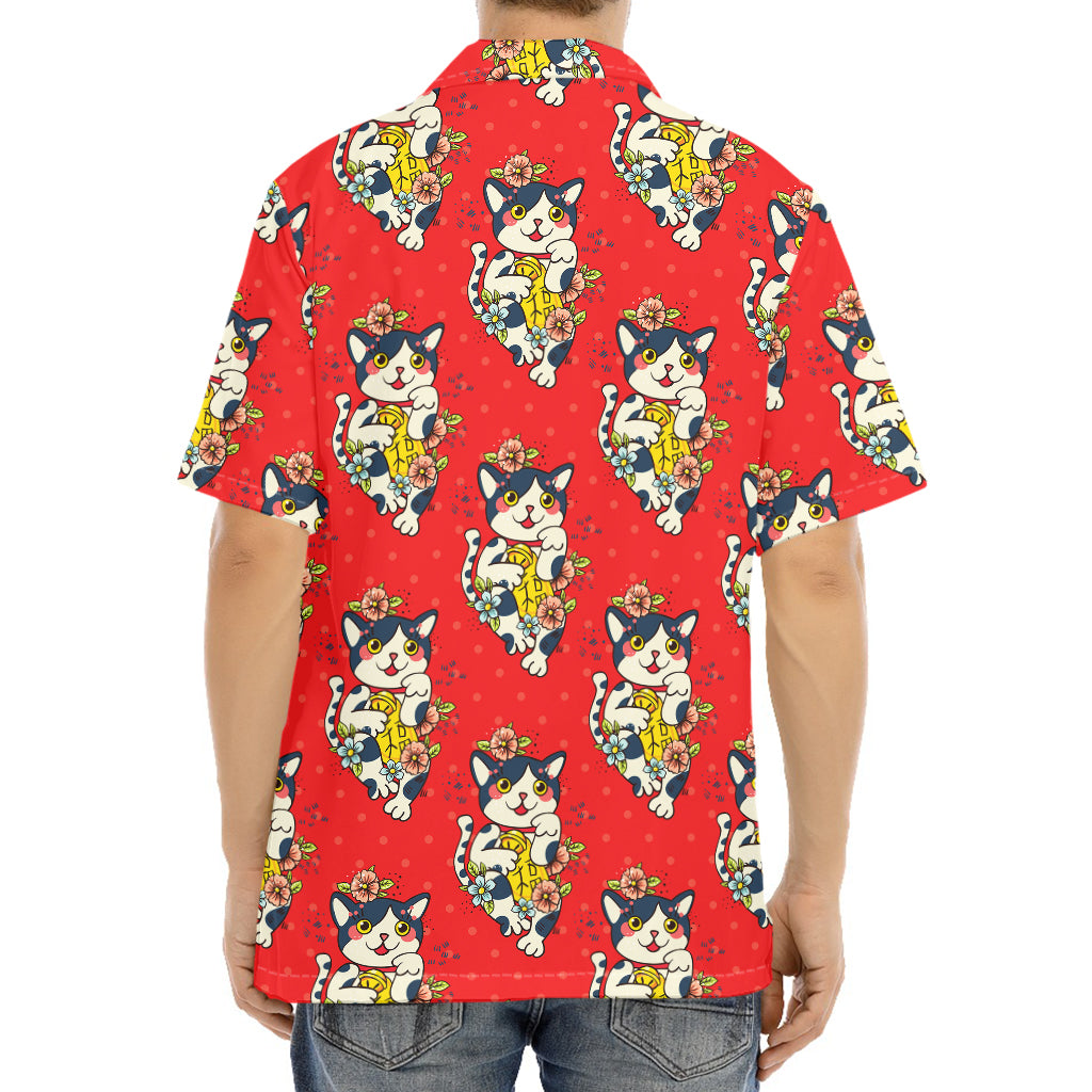 Japanese Cat Maneki Neko Pattern Print Aloha Shirt