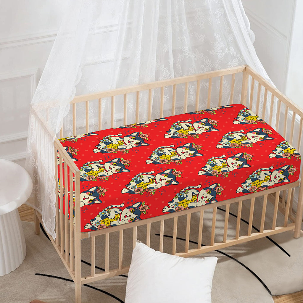 Japanese Cat Maneki Neko Pattern Print Baby Crib Sheet