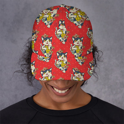 Japanese Cat Maneki Neko Pattern Print Baseball Cap