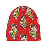 Japanese Cat Maneki Neko Pattern Print Beanie