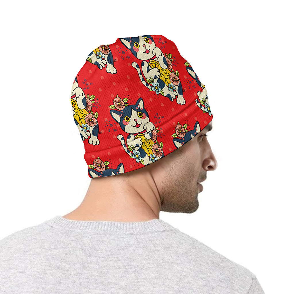 Japanese Cat Maneki Neko Pattern Print Beanie