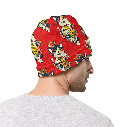 Japanese Cat Maneki Neko Pattern Print Beanie