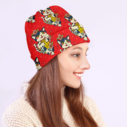 Japanese Cat Maneki Neko Pattern Print Beanie