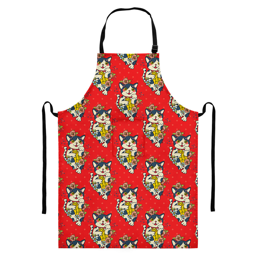 Japanese Cat Maneki Neko Pattern Print Bib Apron With Pocket