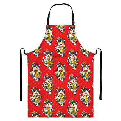 Japanese Cat Maneki Neko Pattern Print Bib Apron With Pocket