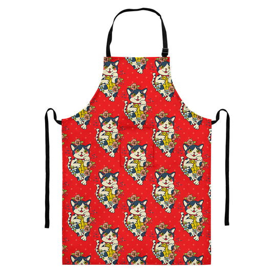 Japanese Cat Maneki Neko Pattern Print Bib Apron With Pocket