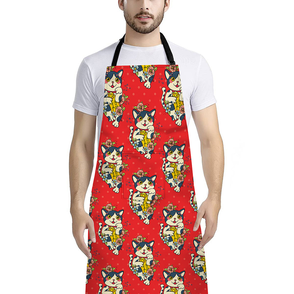 Japanese Cat Maneki Neko Pattern Print Bib Apron With Pocket