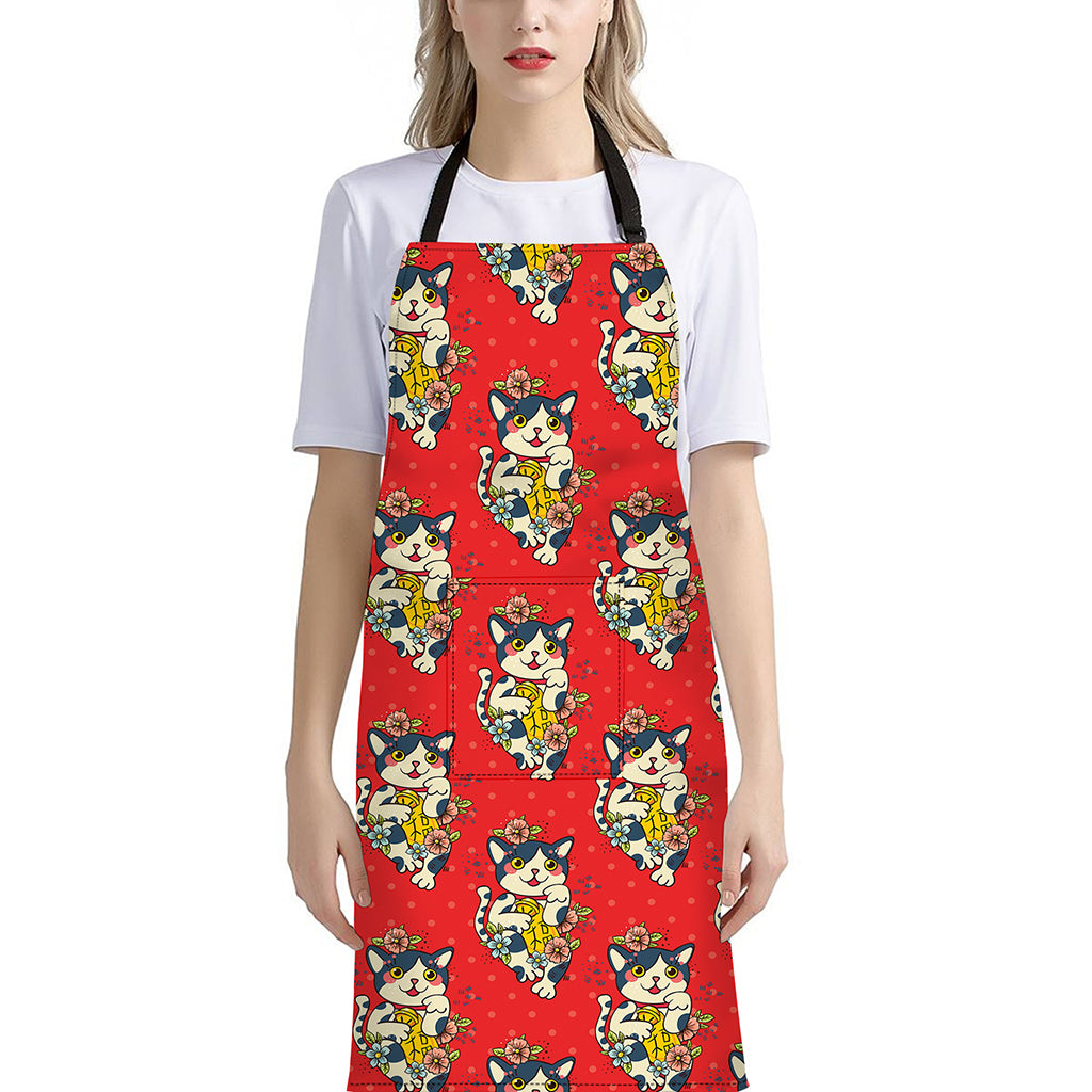 Japanese Cat Maneki Neko Pattern Print Bib Apron With Pocket