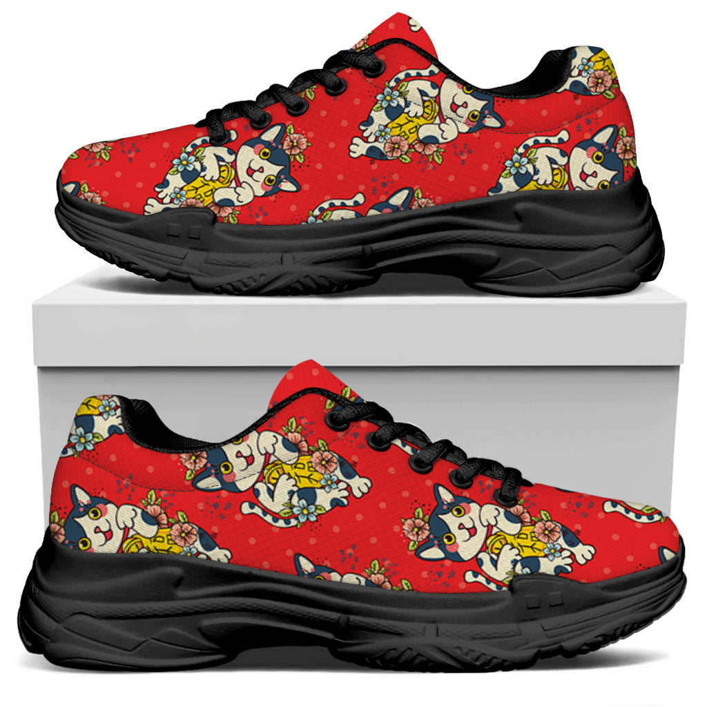 Japanese Cat Maneki Neko Pattern Print Black Chunky Shoes