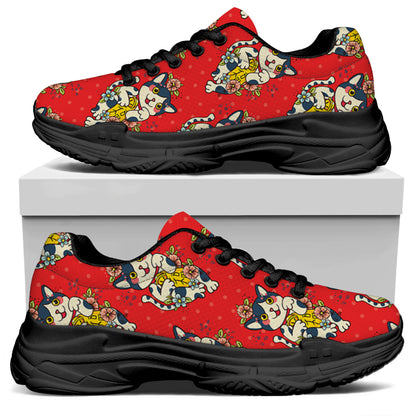 Japanese Cat Maneki Neko Pattern Print Black Chunky Shoes