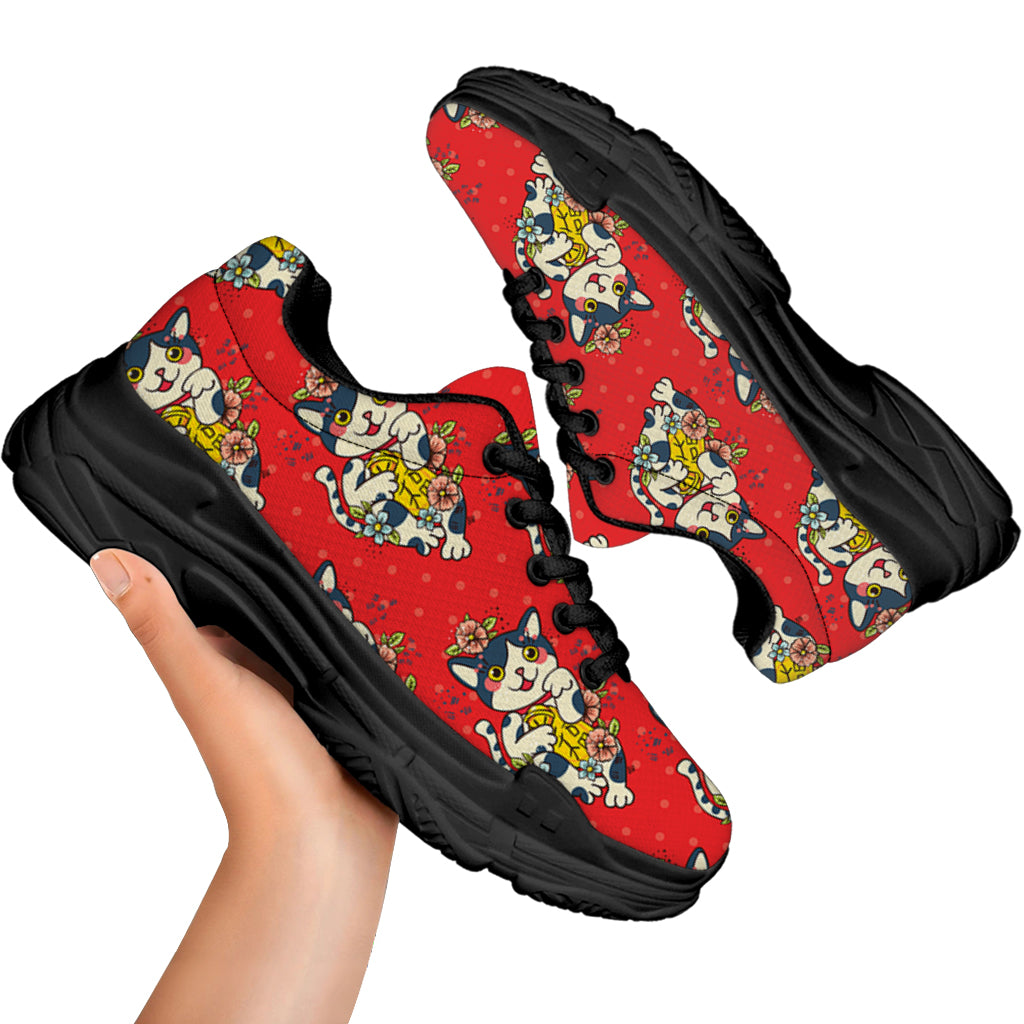 Japanese Cat Maneki Neko Pattern Print Black Chunky Shoes