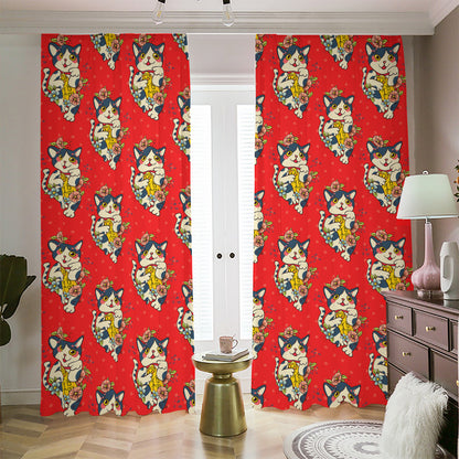 Japanese Cat Maneki Neko Pattern Print Blackout Pencil Pleat Curtains