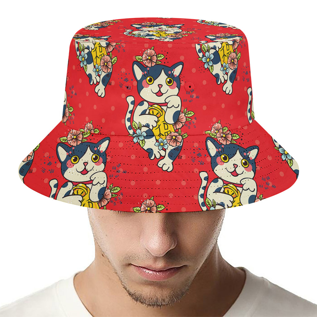 Japanese Cat Maneki Neko Pattern Print Bucket Hat