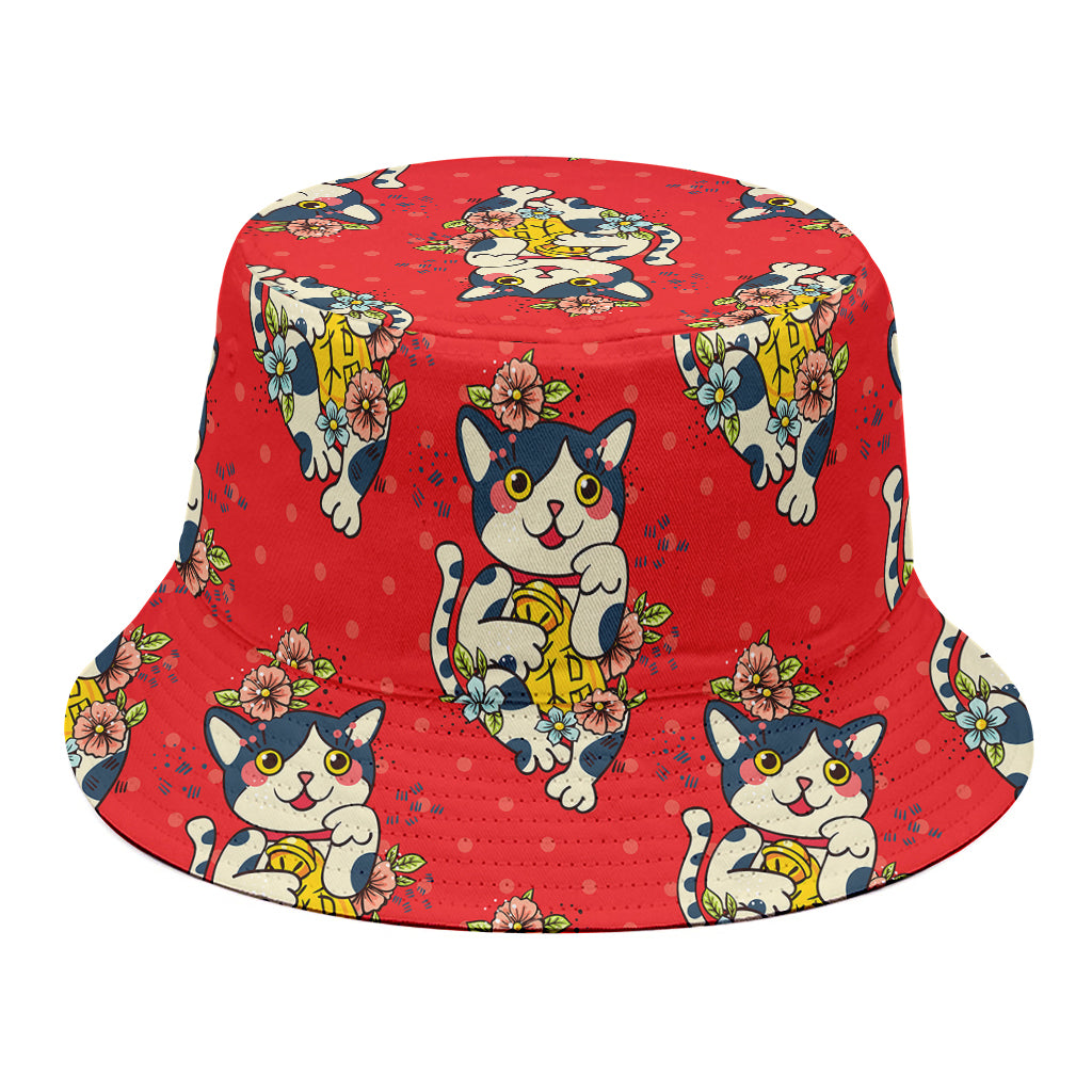 Japanese Cat Maneki Neko Pattern Print Bucket Hat