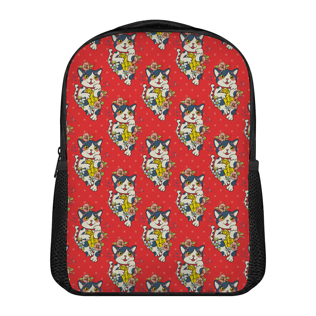 Japanese Cat Maneki Neko Pattern Print Casual Backpack