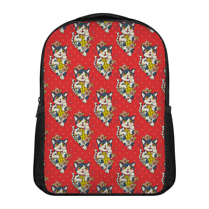 Japanese Cat Maneki Neko Pattern Print Casual Backpack
