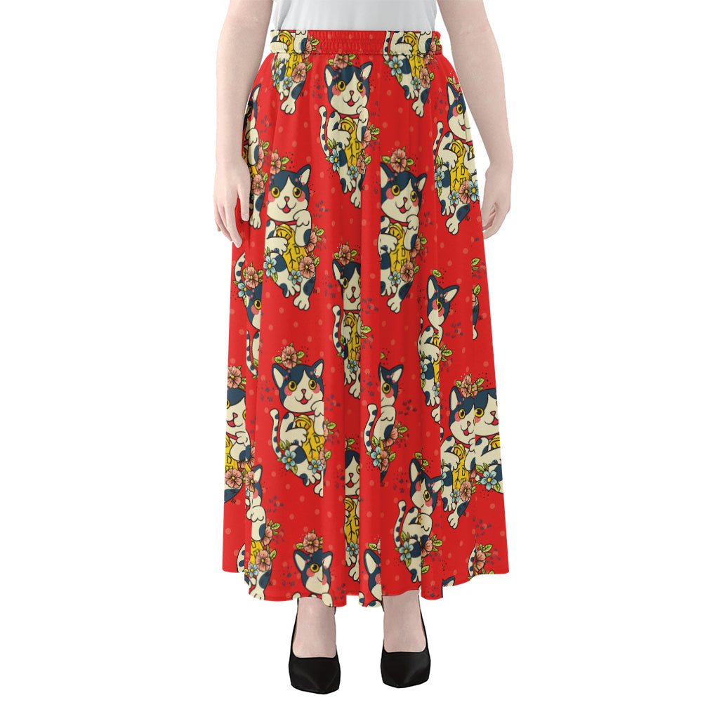 Japanese Cat Maneki Neko Pattern Print Chiffon Maxi Skirt