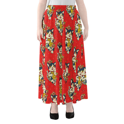 Japanese Cat Maneki Neko Pattern Print Chiffon Maxi Skirt