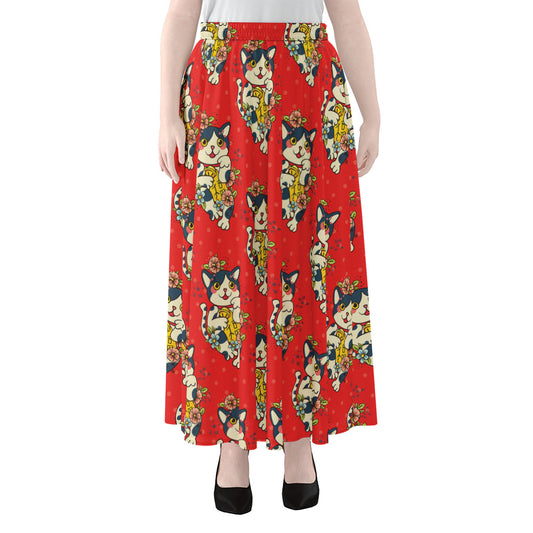 Japanese Cat Maneki Neko Pattern Print Chiffon Maxi Skirt