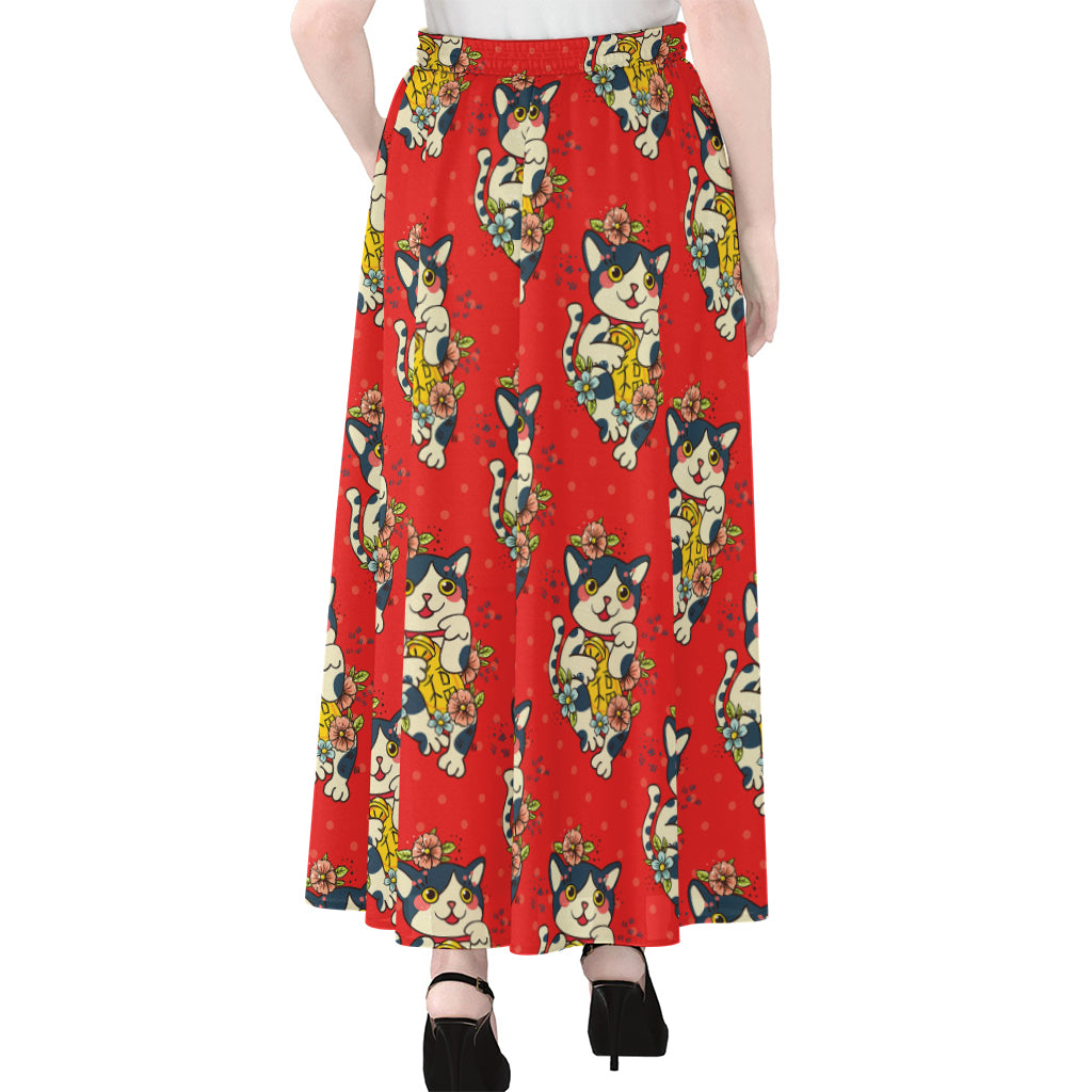 Japanese Cat Maneki Neko Pattern Print Chiffon Maxi Skirt