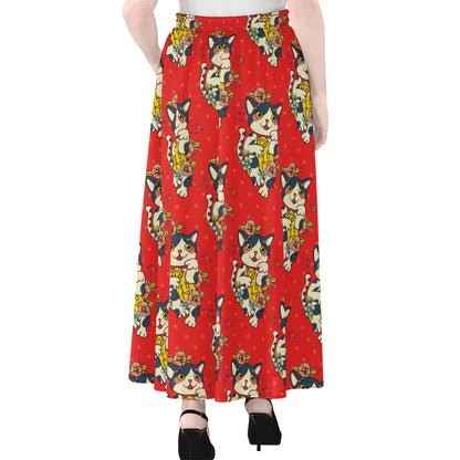 Japanese Cat Maneki Neko Pattern Print Chiffon Maxi Skirt