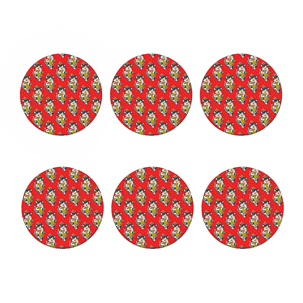 Japanese Cat Maneki Neko Pattern Print Coaster Set