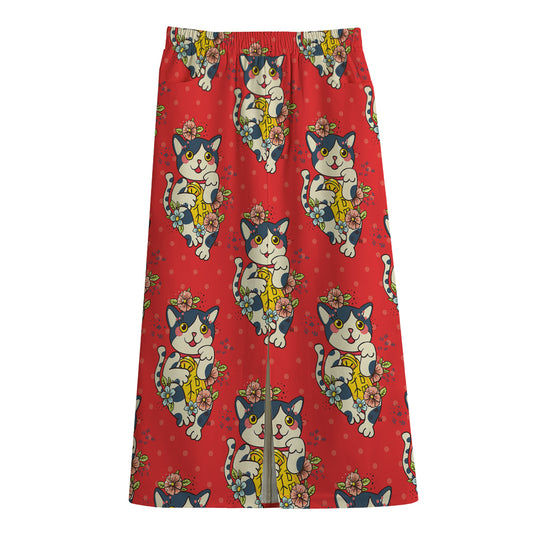 Japanese Cat Maneki Neko Pattern Print Cotton Front Slit Maxi Skirt