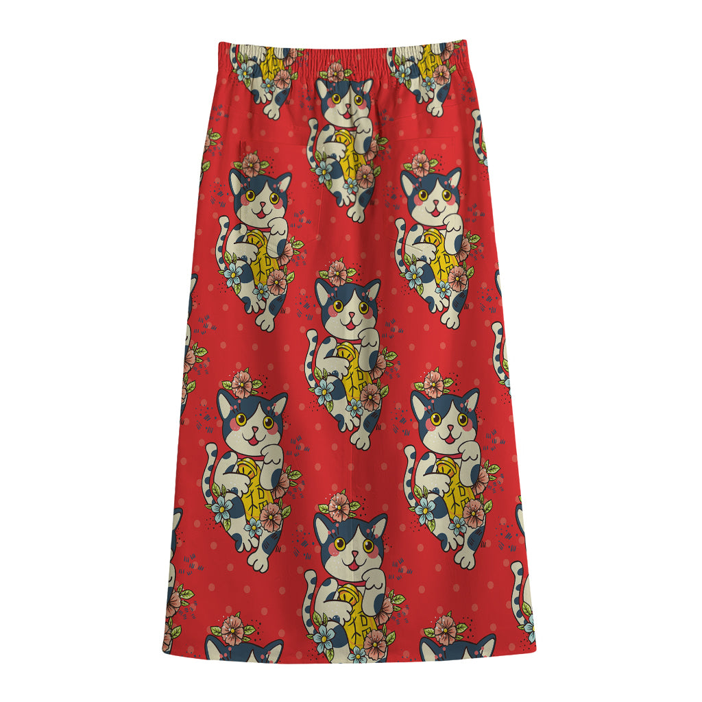 Japanese Cat Maneki Neko Pattern Print Cotton Front Slit Maxi Skirt
