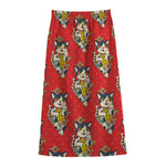 Japanese Cat Maneki Neko Pattern Print Cotton Front Slit Maxi Skirt
