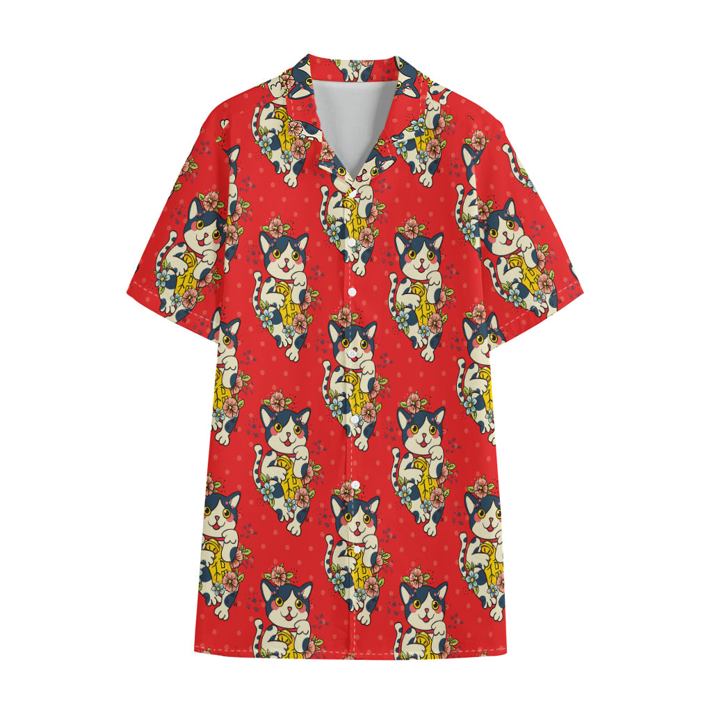 Japanese Cat Maneki Neko Pattern Print Cotton Hawaiian Shirt