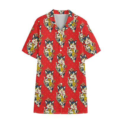 Japanese Cat Maneki Neko Pattern Print Cotton Hawaiian Shirt