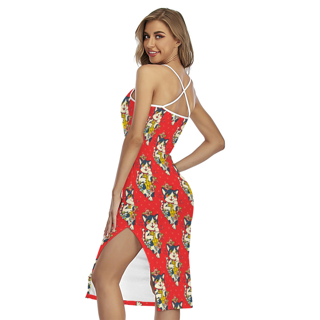 Japanese Cat Maneki Neko Pattern Print Cross Back Cami Dress