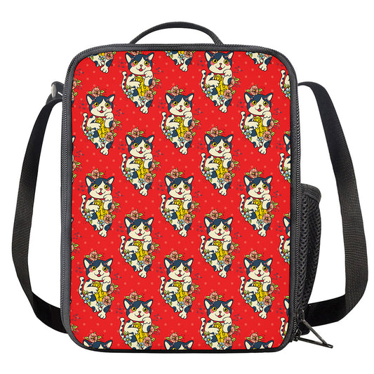 Japanese Cat Maneki Neko Pattern Print Crossbody Lunch Bag