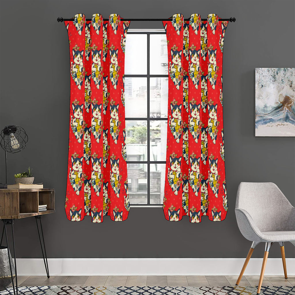 Japanese Cat Maneki Neko Pattern Print Curtain