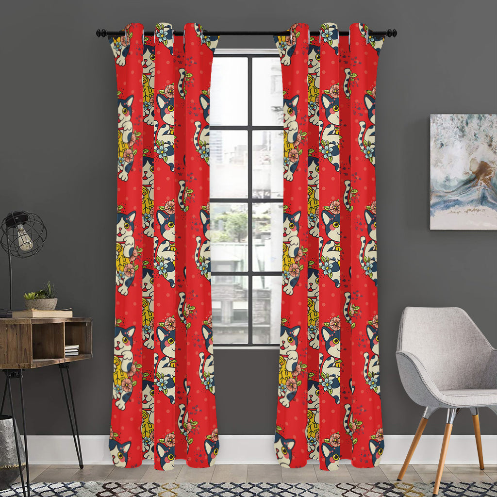 Japanese Cat Maneki Neko Pattern Print Curtain