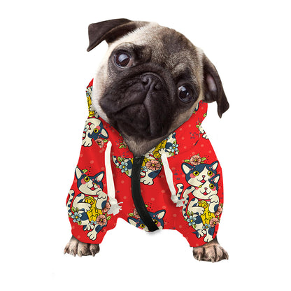 Japanese Cat Maneki Neko Pattern Print Dog Zip Up Hoodie