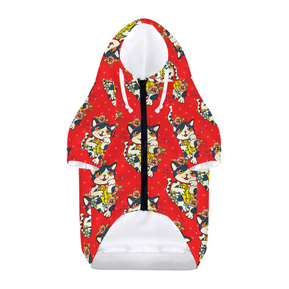 Japanese Cat Maneki Neko Pattern Print Dog Zip Up Hoodie