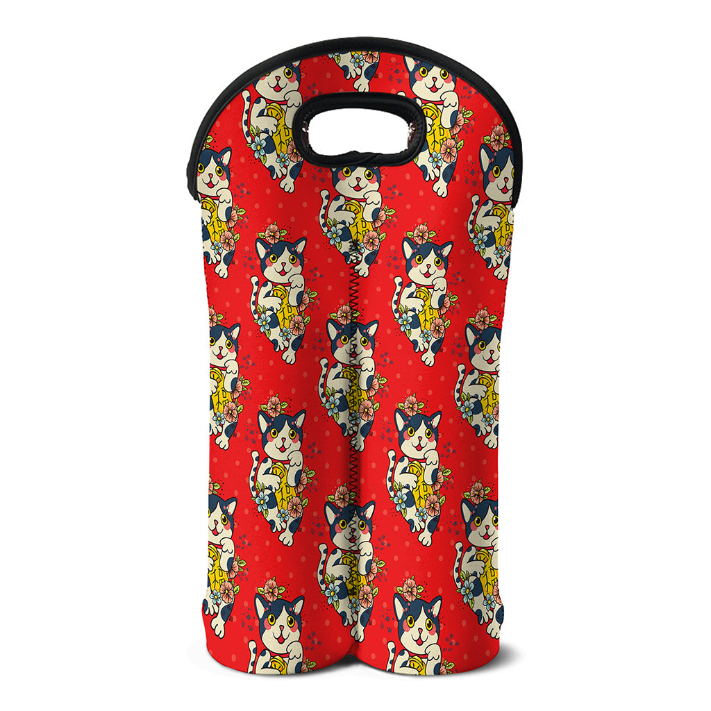 Japanese Cat Maneki Neko Pattern Print Double Neoprene Wine Tote