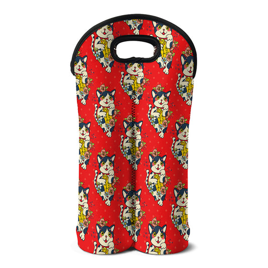 Japanese Cat Maneki Neko Pattern Print Double Neoprene Wine Tote